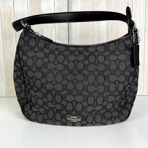 Coach F29959 Signature Jacquard Shoulder Bag Hobo Purse Black Smoke Leather NWOT